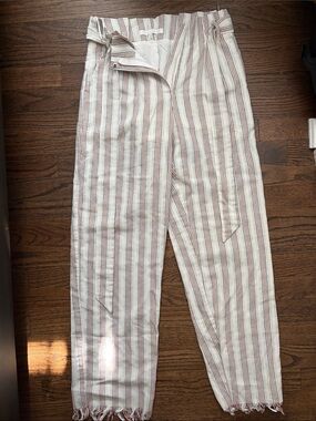 Woman’s Striped Linen-Blend Pants in Cream with Orange & Blue Stripes